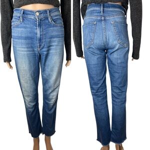 Mother The Mid Rise Dazzler Ankle Fray Straight Leg Stretch Medium Wash Jeans